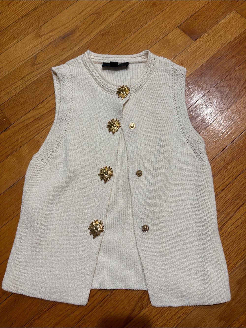 Zara Cream Knit Sleeveless Vest with Gold Flower Buttons